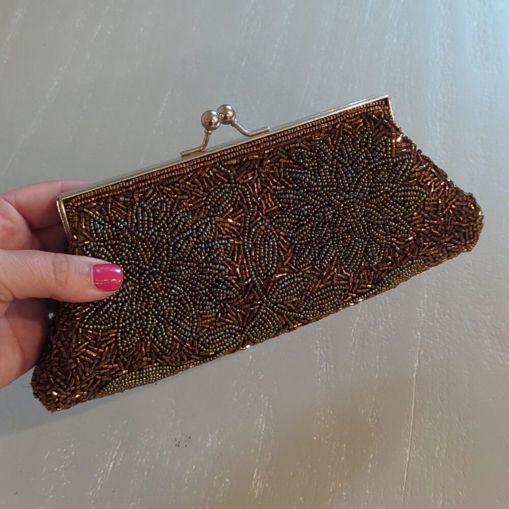 Beaded Brown & Bronze Floral Evening Clutch Purse